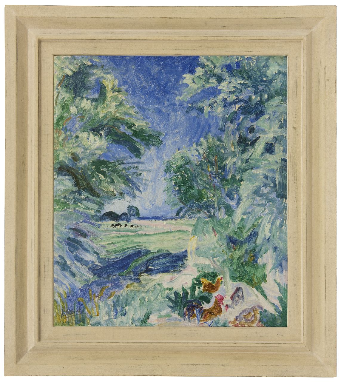 Altink J. | Jan Altink, Gronings landschap met kippen en koeien, olieverf op doek 60,8 x 52,4 cm, gesigneerd linksonder en te dateren eind jaren 20 Altink J. | Jan Altink, Gronings landschap met kippen en koeien, olieverf op doek 60,8 x 52,4 cm, gesigneerd linksonder en te dateren eind jaren 20