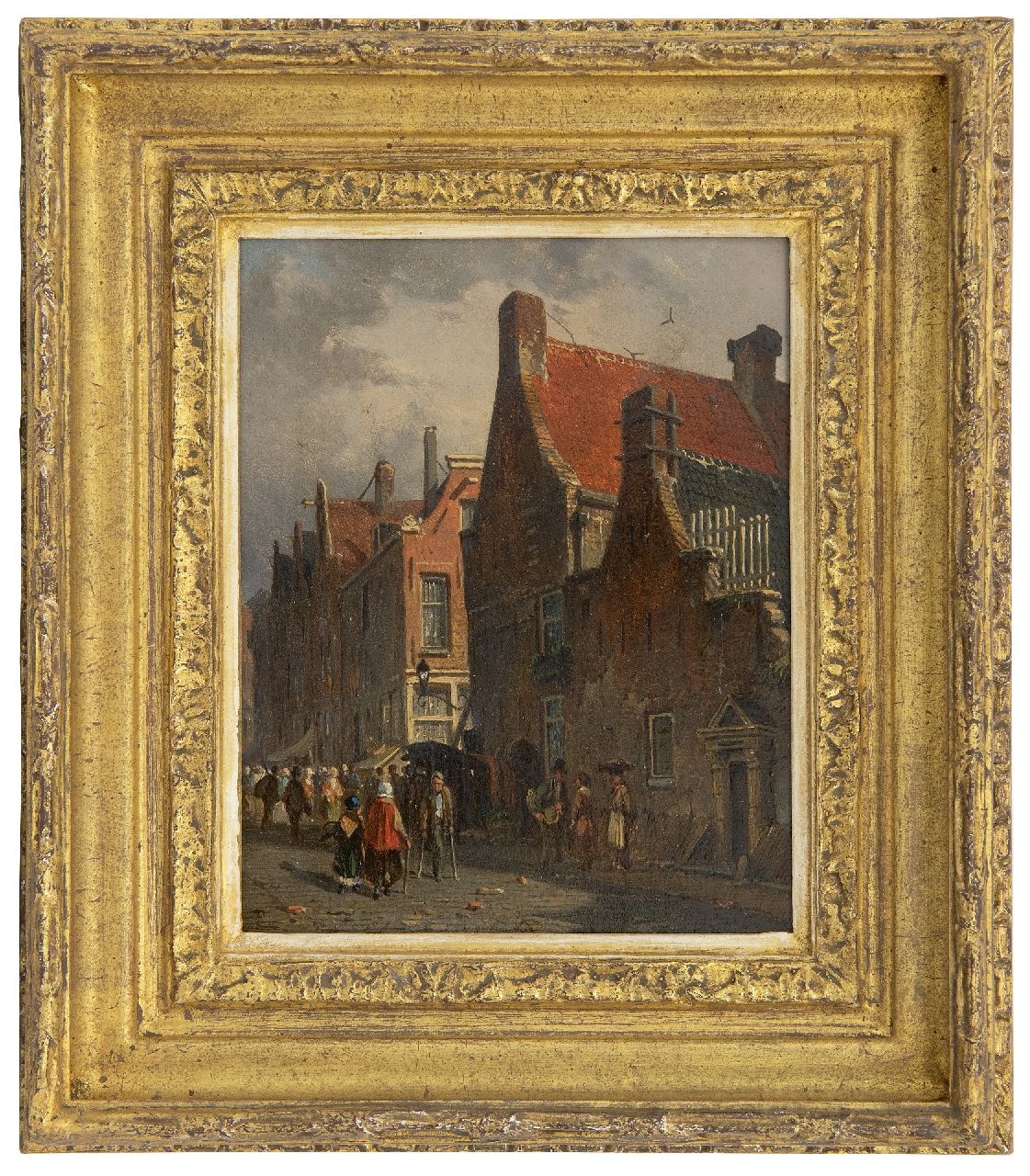 Eversen A.  | Adrianus Eversen | Schilderijen te koop aangeboden | Hollands stadsgezicht, olieverf op paneel 19,5 x 15,5 cm, gesigneerd linksonder met monogram en verso op etiket voluit