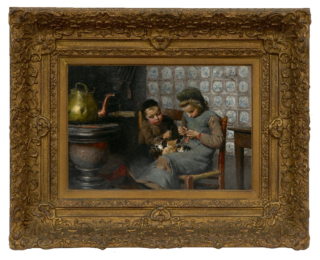 Claus E.  | Emile Claus, Meisjes bij de kachel, olieverf op doek 23,1 x 34,2 cm, gesigneerd rechtsboven