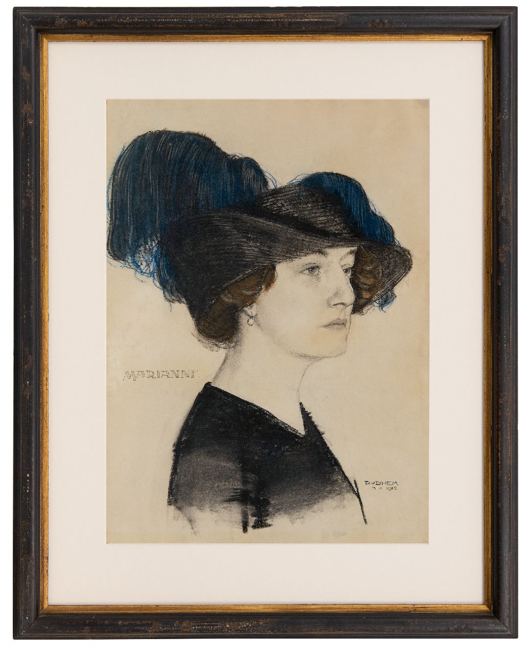 Hem P. van der | Pieter 'Piet' van der Hem, Marianne met modieuze hoed, krijt op papier 54,0 x 39,3 cm, gesigneerd rechtsonder en gedateerd mei 1912