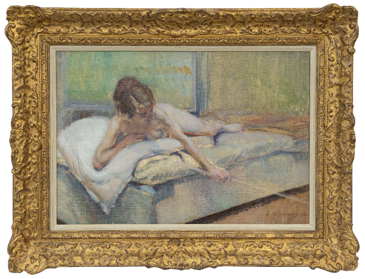 Karbowsky A.  | Adrien Karbowsky, Vrouwelijk naakt op een bed, olieverf op doek 38,3 x 55,1 cm, gesigneerd rechtsonder en gedateerd 1912