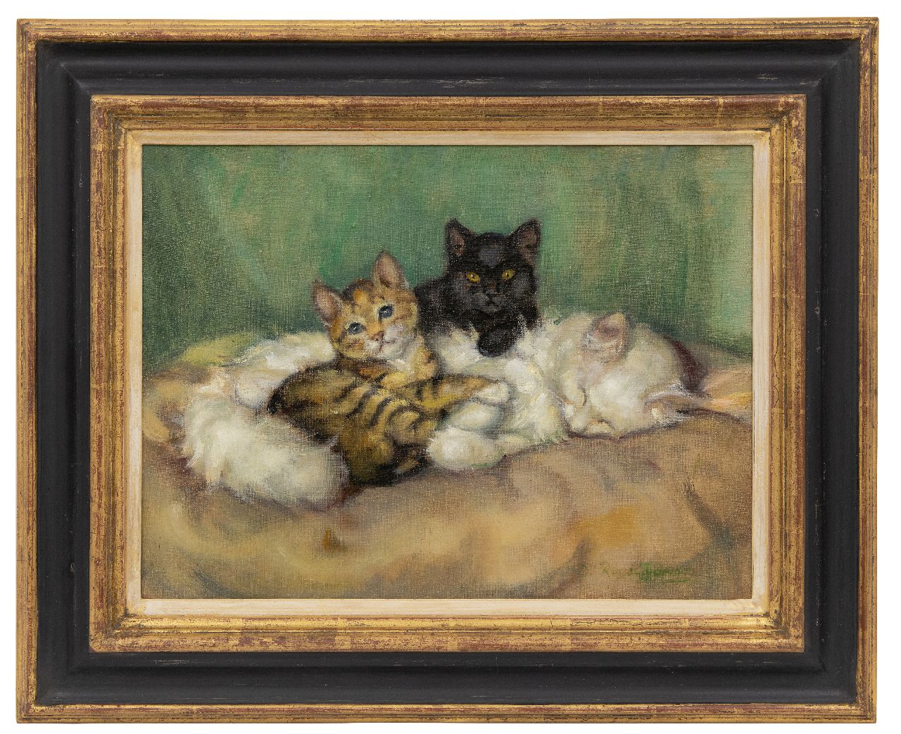 Tijdeman E.M.  | Ernestine Marie 'Dé' Tijdeman | Schilderijen te koop aangeboden | Moederpoes met twee kittens, olieverf op doek 30,5 x 40,5 cm, gesigneerd rechtsonder