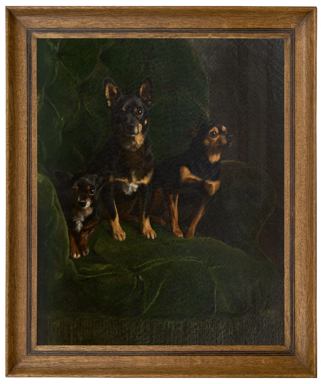 Gras A.J. Le | 'August' Johannes Le Gras | Schilderijen te koop aangeboden | Drie dwergpinchers in groene stoel, olieverf op doek 81,2 x 65,5 cm, gesigneerd rechts van het midden en gedateerd 1888