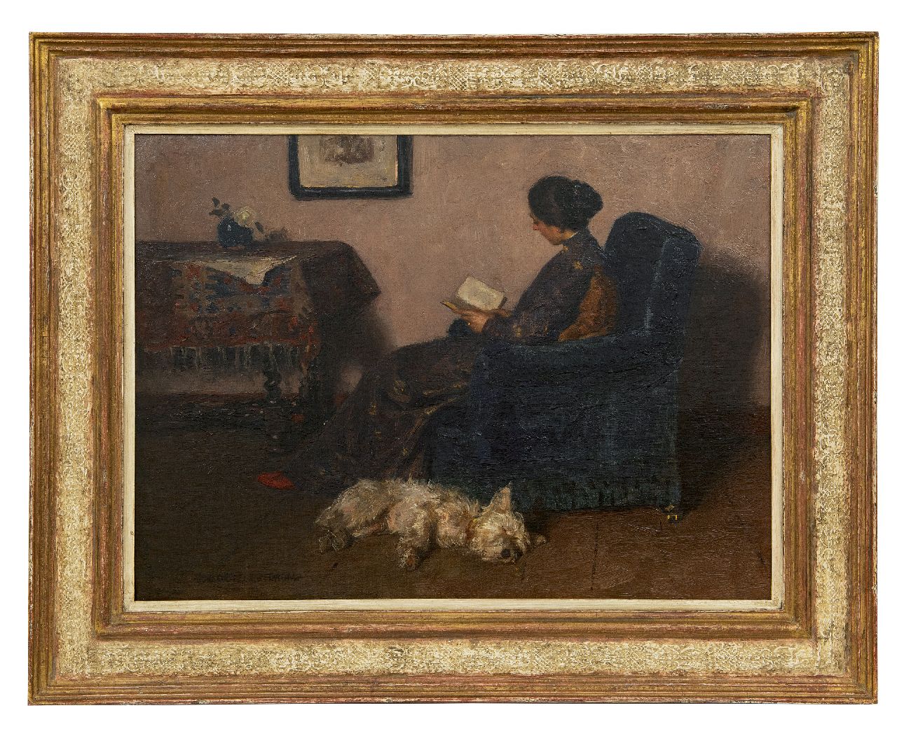 Zoetelief Tromp J.  | Johannes 'Jan' Zoetelief Tromp | Schilderijen te koop aangeboden | De vrouw van de schilder, lezend, met hun hond Billie, olieverf op doek 41,5 x 55,5 cm, gesigneerd linksonder