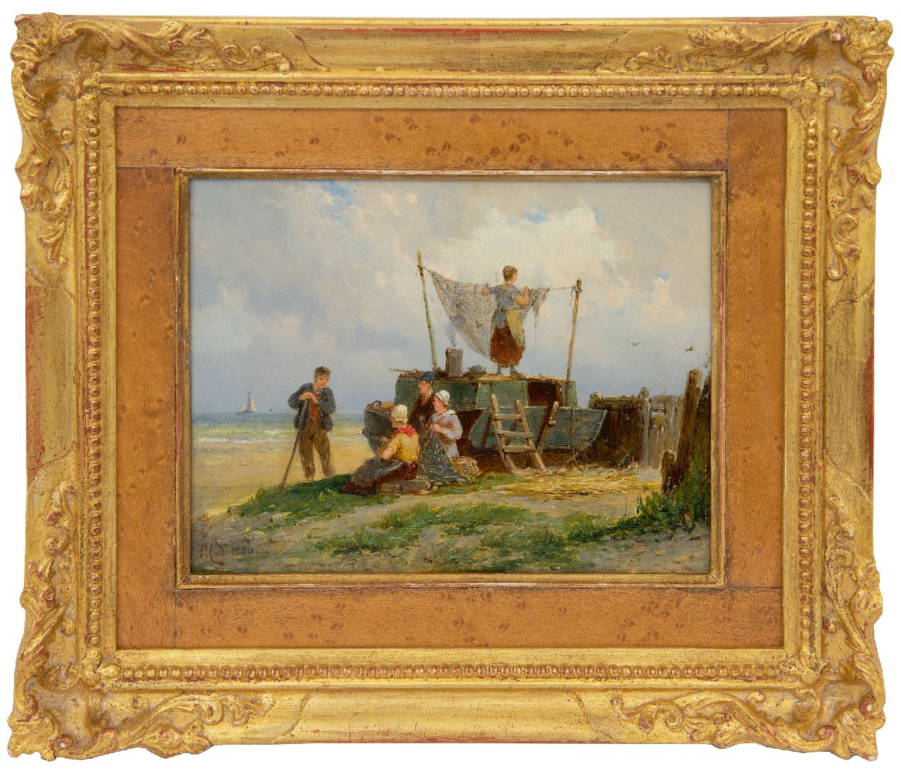 Dommershuijzen P.C.  | Pieter Cornelis Dommershuijzen | Schilderijen te koop aangeboden | 't Drogen van de netten, olieverf op paneel 15,0 x 20,2 cm, gesigneerd linksonder met initialen en gedateerd 1886