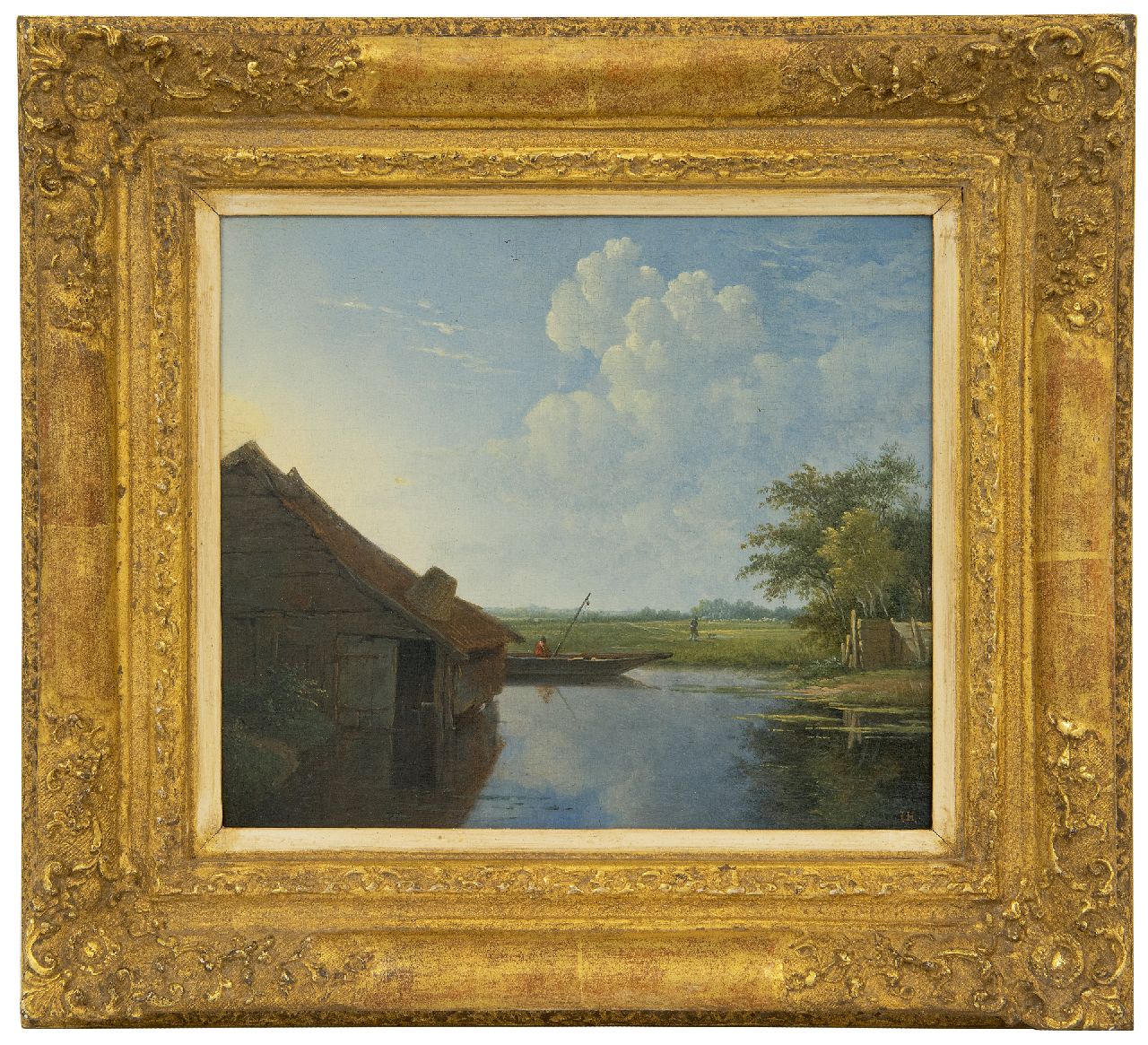 Hilverdink J.  | Johannes Hilverdink | Schilderijen te koop aangeboden | Polderlandschap met hengelaar, olieverf op paneel 20,8 x 23,7 cm, gesigneerd rechtsonder met initialen