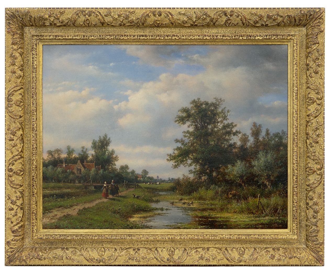 Kleijn L.J.  | Lodewijk Johannes Kleijn | Schilderijen te koop aangeboden | Boerenvolk bij een dorpssloot, olieverf op doek 49,5 x 64,4 cm, gesigneerd linksonder