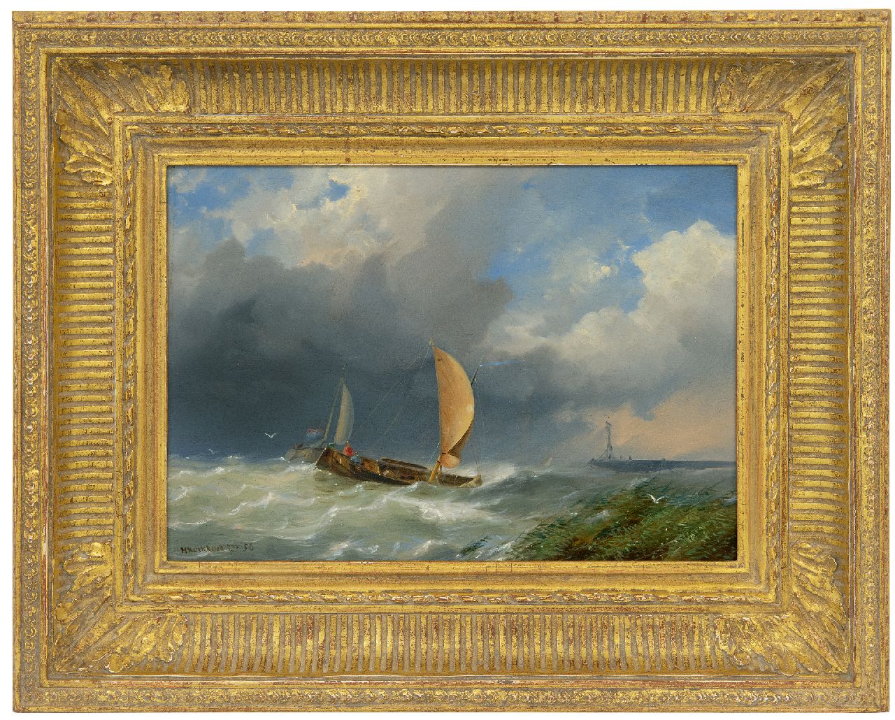 Koekkoek jr. H. | Hermanus Koekkoek jr., Schepen in een storm bij haveningang, olieverf op paneel 21,1 x 30,3 cm, gesigneerd linksonder en gedateerd '56 Koekkoek jr. H. | Hermanus Koekkoek jr., Schepen in een storm bij haveningang, olieverf op paneel 21,1 x 30,3 cm, gesigneerd linksonder en gedateerd '56