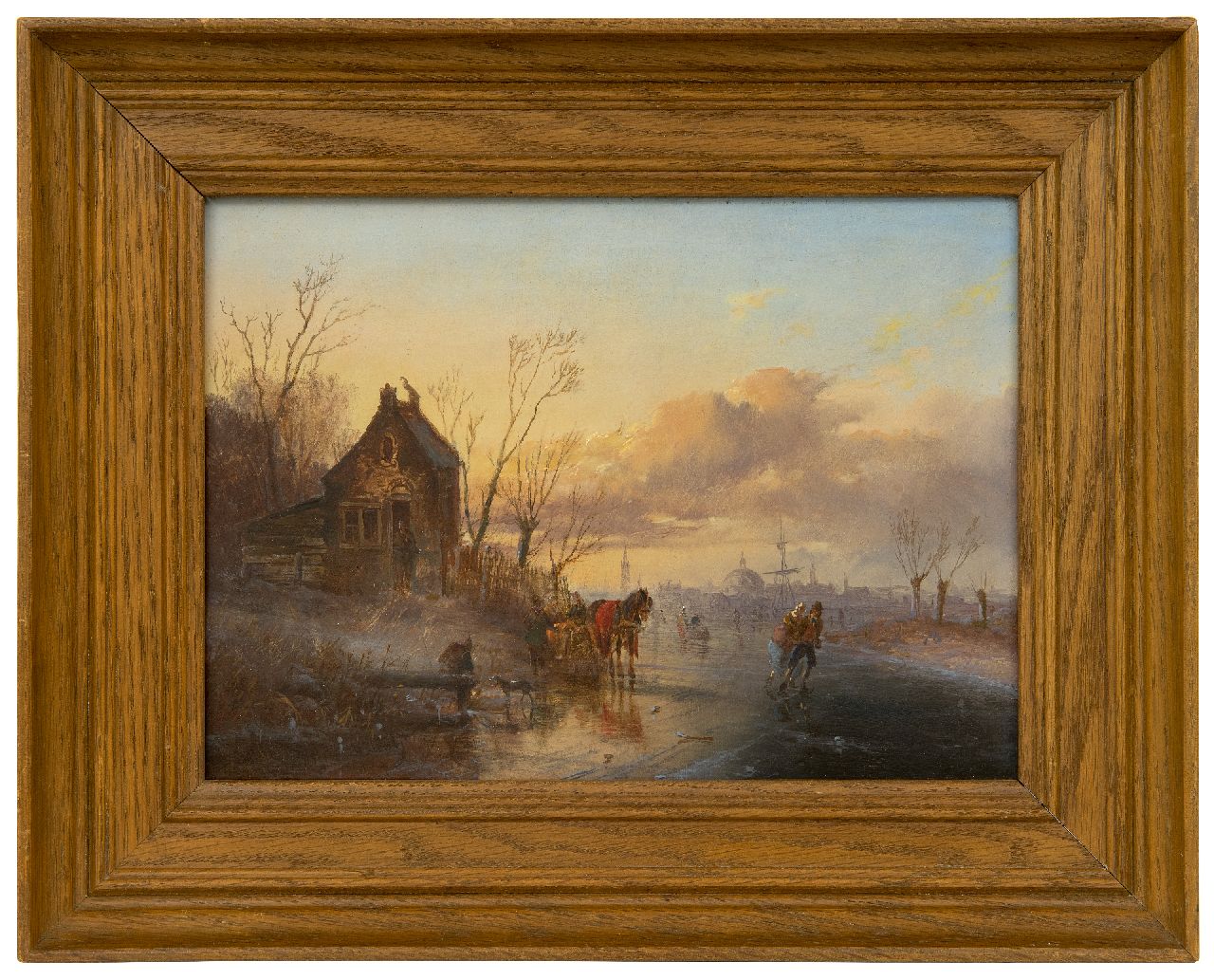 Morel II J.E.  | Jan Evert Morel II | Schilderijen te koop aangeboden | IJsgezicht met schaatsers, een grote stad op de achtergrond, olieverf op paneel 20,2 x 28,5 cm, gesigneerd linksonder
