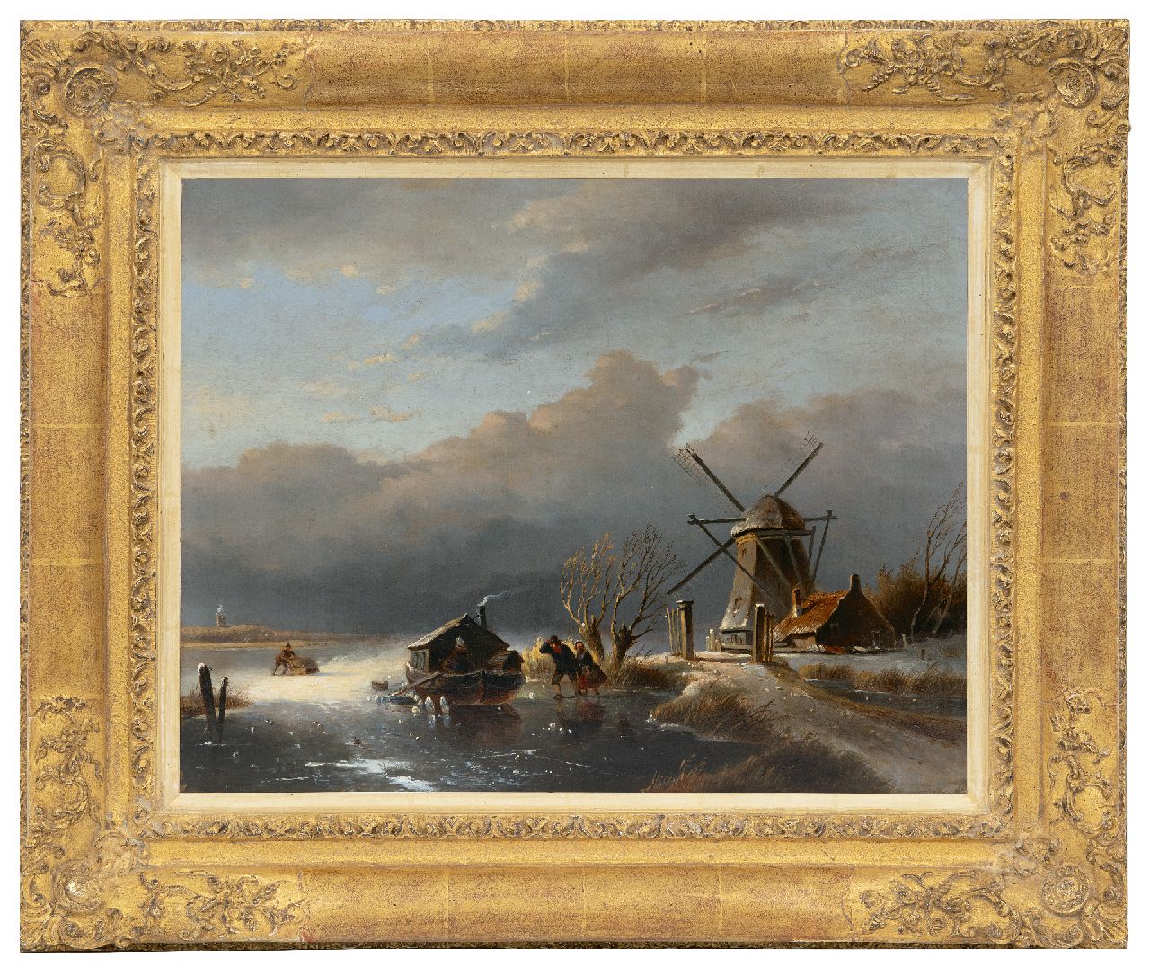 Parré M.  | Matthias Parré | Schilderijen te koop aangeboden | IJsgezicht met figuren en vastgevroren schuit, olieverf op paneel 35,4 x 44,9 cm
