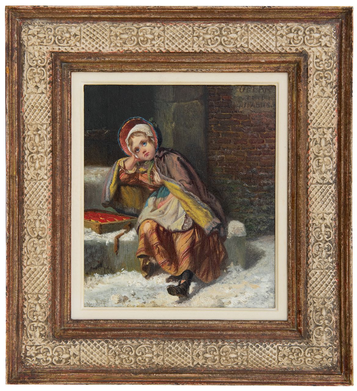 Fabius J.  | Jan Fabius, Luciferverkoopstertje in de sneeuw, olieverf op paneel 21,7 x 18,9 cm, gesigneerd rechtsboven