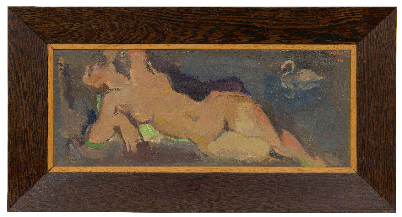 Jordens J.G.  | 'Jan' Gerrit Jordens, Liggend naakt (Leda en de zwaan), olieverf op doek 20,9 x 50,6 cm, gesigneerd rechtsboven en gedateerd '42