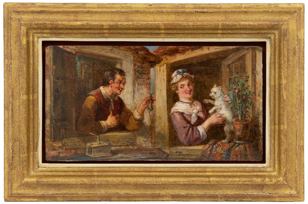 Reijntjens H.E.  | Henricus Engelbertus Reijntjens, Het kat-en-muisspel, olieverf op paneel 15,0 x 28,1 cm, gesigneerd middenonder