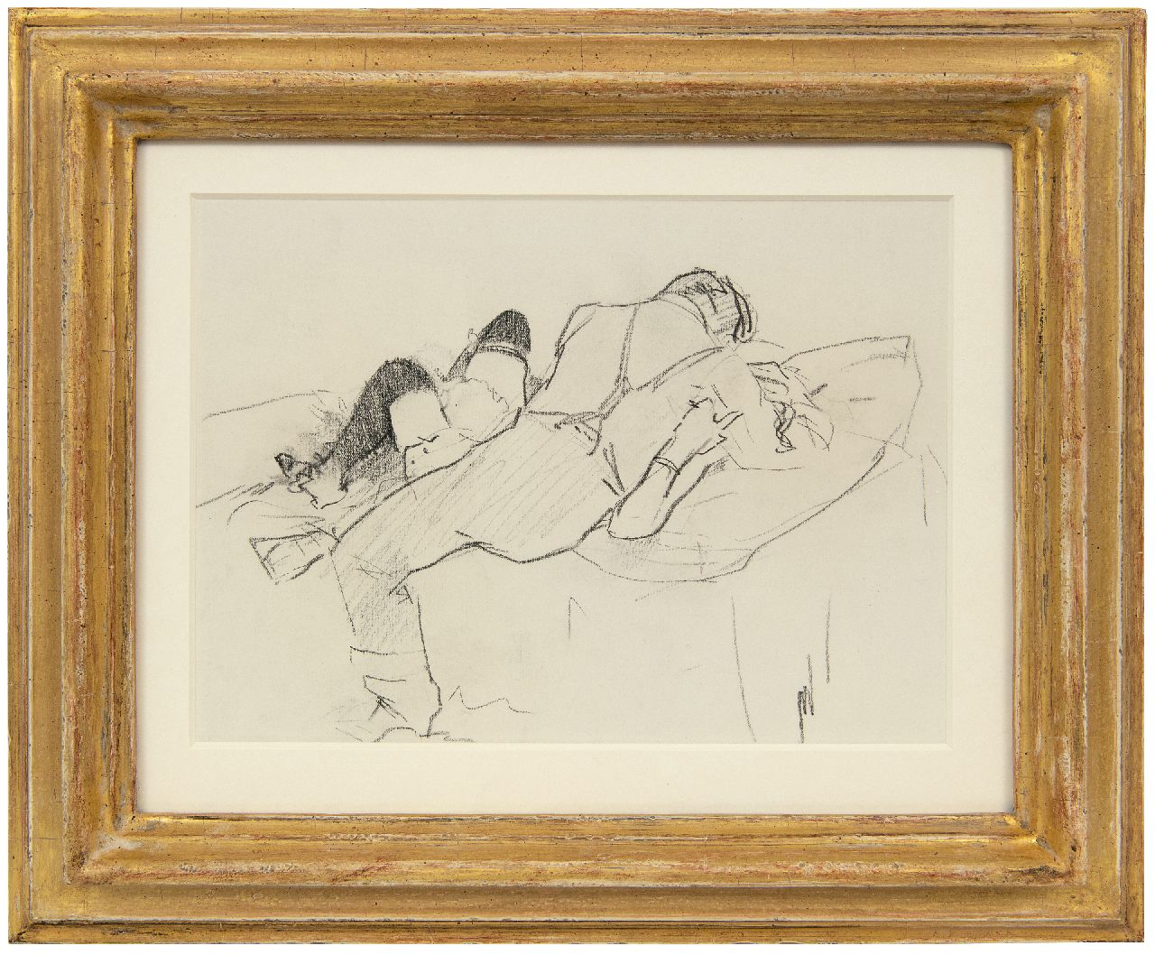 Hem P. van der | Pieter 'Piet' van der Hem | Aquarellen en tekeningen te koop aangeboden | Liefdespaar i.o., houtskool op papier 18,5 x 25,4 cm