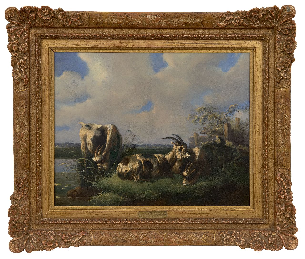 Verhoesen A.  | Albertus Verhoesen | Schilderijen te koop aangeboden | Drie Nederlandse landgeiten in de wei, olieverf op paneel 27,0 x 34,3 cm, gesigneerd rechtsonder
