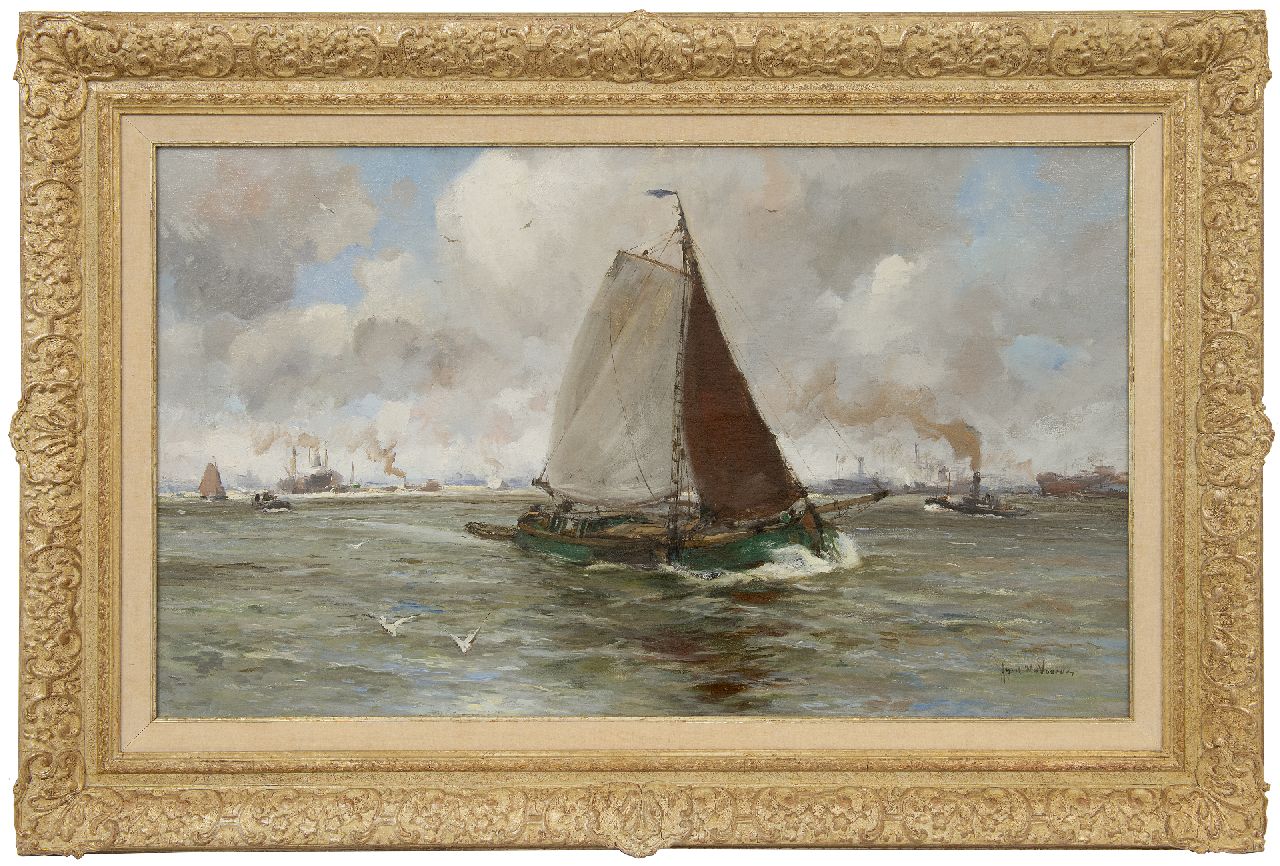 Voorden A.W. van | August Willem van Voorden | Schilderijen te koop aangeboden | Beurtschip op de Maas, olieverf op doek 57,6 x 97,9 cm, gesigneerd rechtsonder