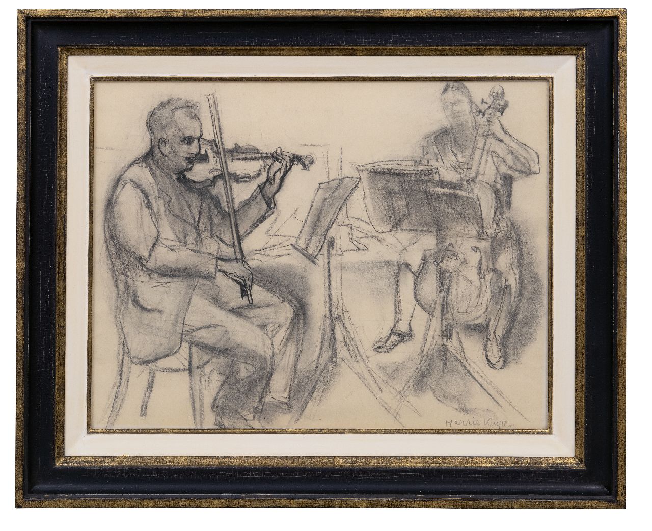 Kuijten H.J.  | Henricus Johannes 'Harrie' Kuijten | Aquarellen en tekeningen te koop aangeboden | Spelende violist en cellist, zwart krijt op papier 37,1 x 47,8 cm, gesigneerd rechtsonder