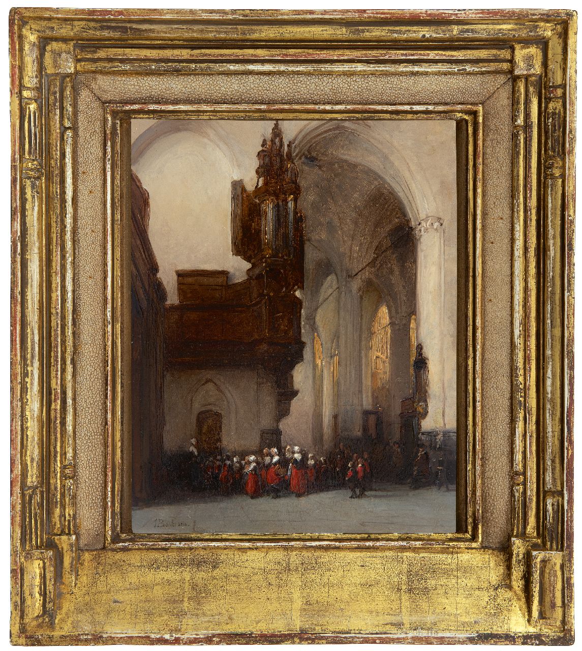 Bosboom J.  | Johannes Bosboom, Wezen van het Burgerweeshuis in de Nieuwe Kerk te Amsterdam, olieverf op paneel 29,2 x 21,3 cm, gesigneerd linksonder