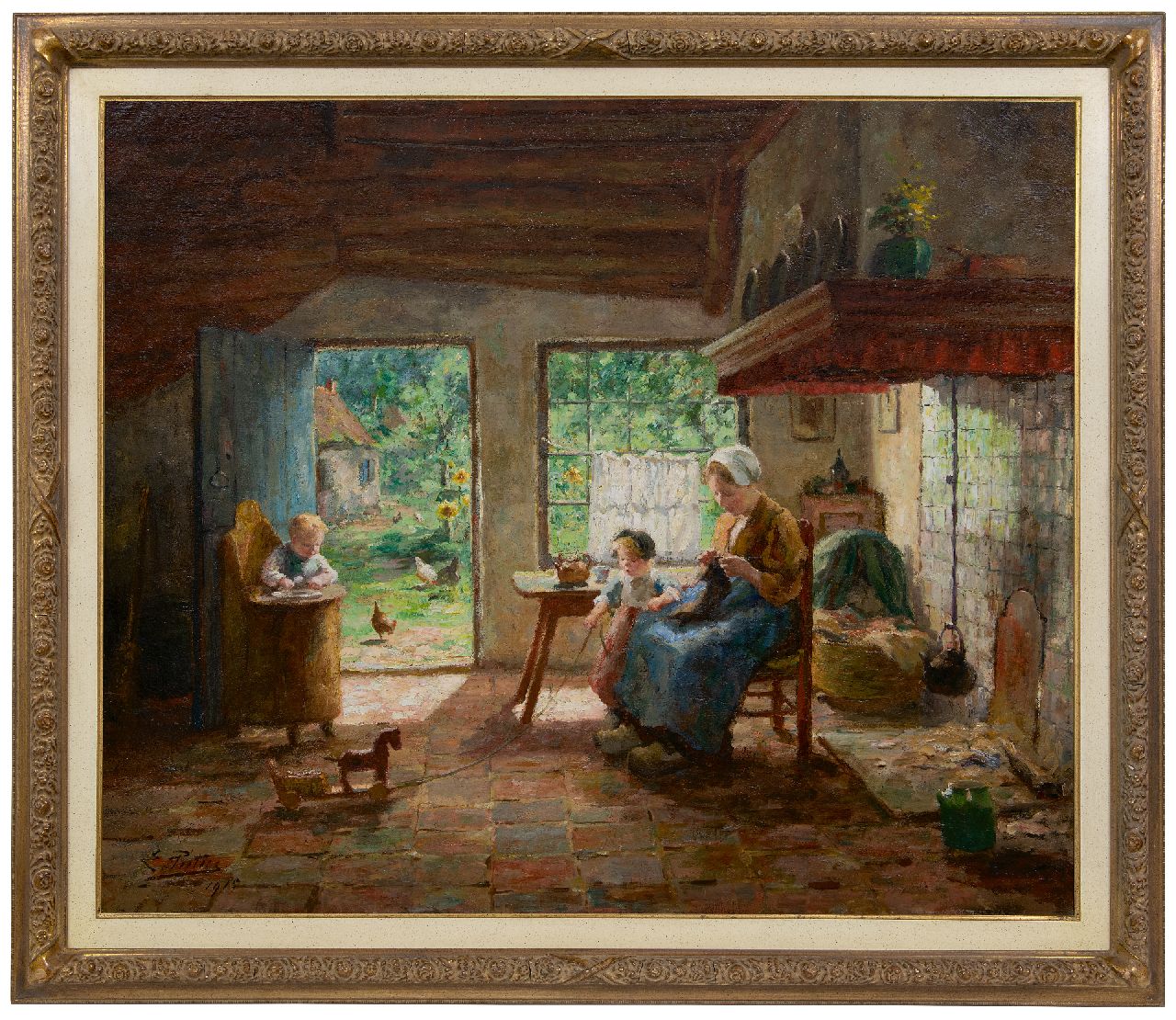 Pieters E.  | Evert Pieters | Schilderijen te koop aangeboden | Moeder en kinderen in zonnig boereninterieur, olieverf op doek 78,5 x 92,4 cm, gesigneerd linksonder en gedateerd 1915