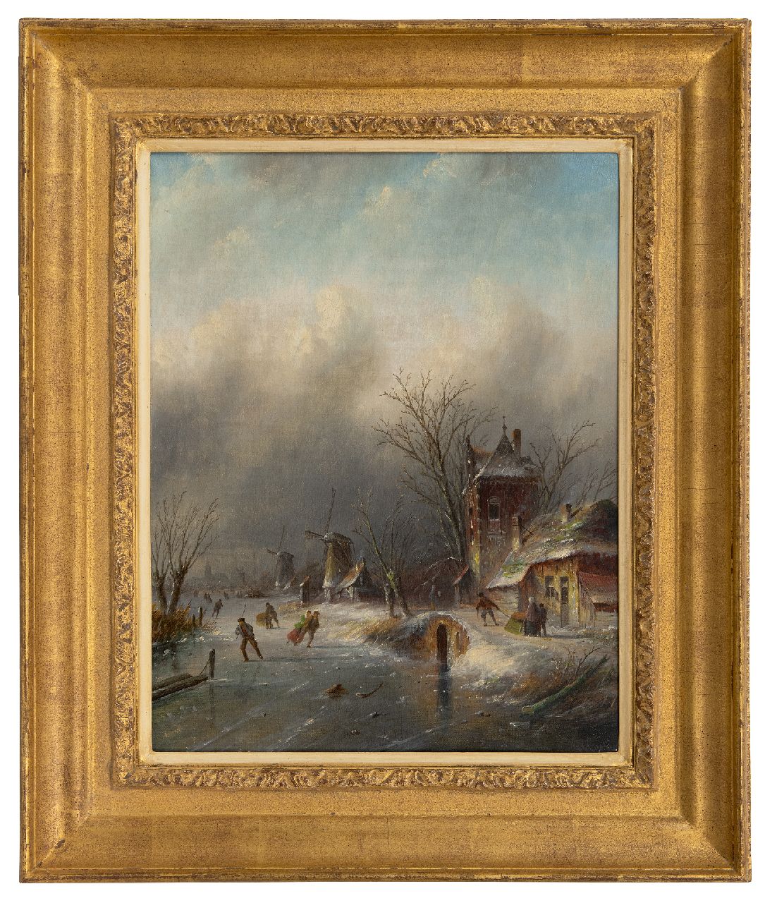 Spohler J.J.C.  | Jacob Jan Coenraad Spohler | Schilderijen te koop aangeboden | Schaatsers op het ijs bij opkomende sneeuwstorm, olieverf op doek 44,3 x 34,9 cm, gesigneerd rechtsonder