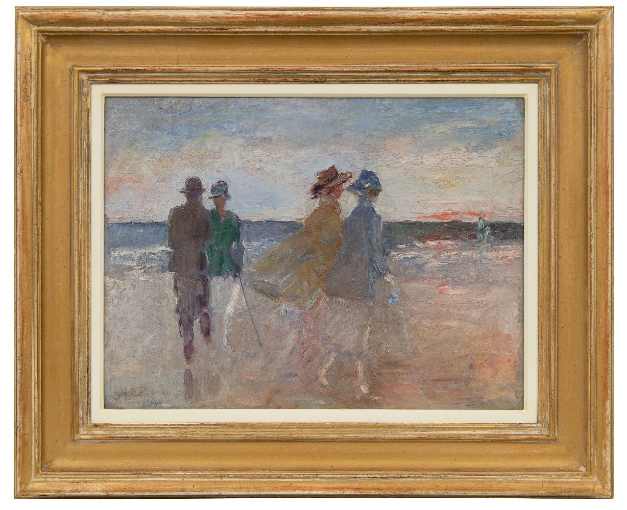 Rinke J.  | 'Jan' Frederik Rinke | Schilderijen te koop aangeboden | Wandelaars op het Scheveningse strand bij zonsondergang, olieverf op board 30,1 x 40,2 cm, gesigneerd linksonder (resten)