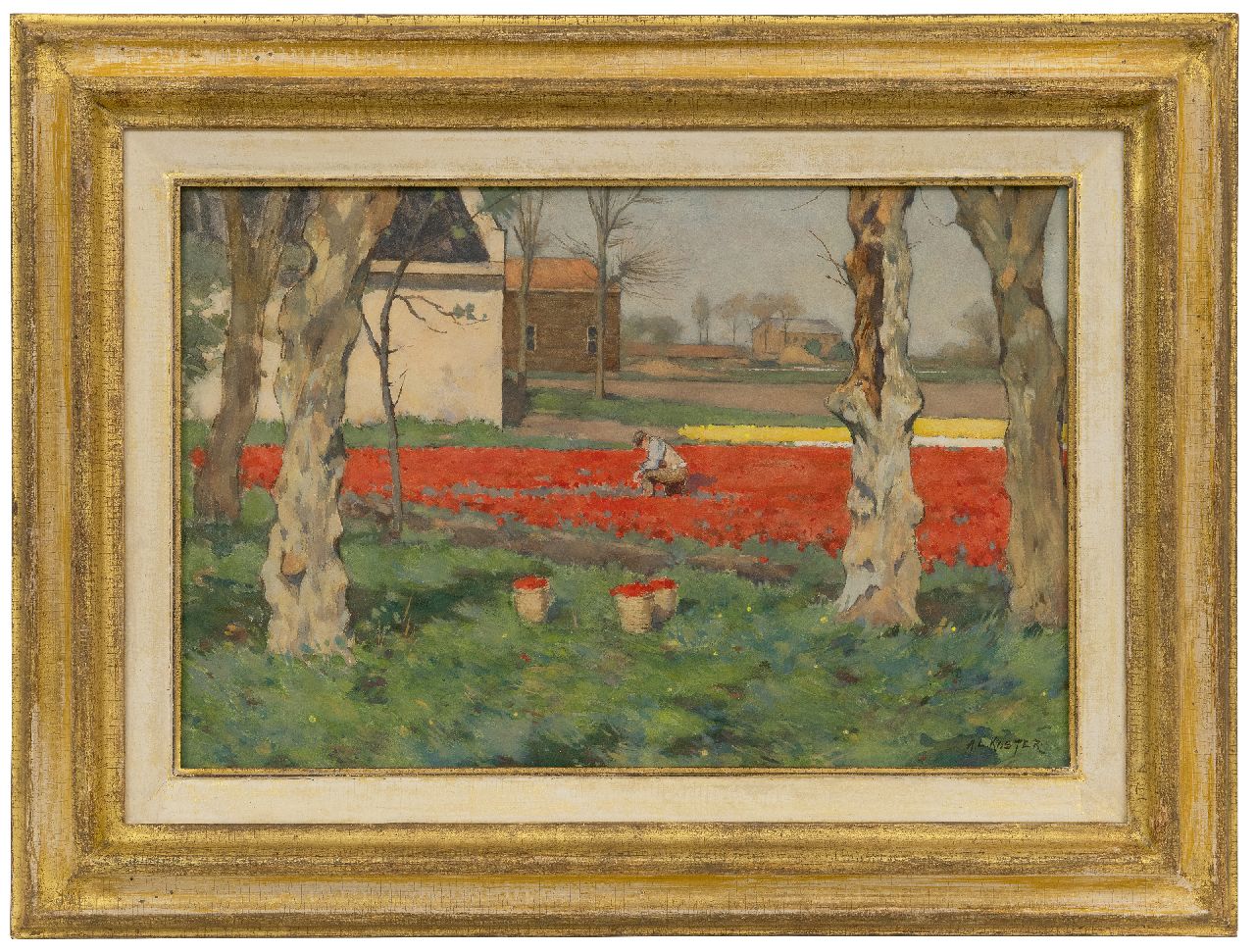 Koster A.L.  | Anton Louis 'Anton L.' Koster, Tulpenvelden tussen de bomen, aquarel en gouache op papier 28,0 x 43,0 cm, gesigneerd rechtsonder