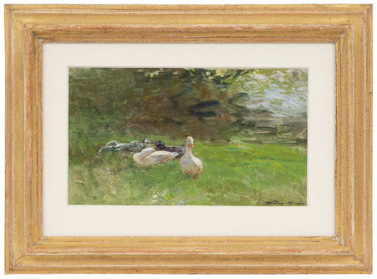 Maris W.  | Willem Maris | Aquarellen en tekeningen te koop aangeboden | Eenden in het gras, aquarel op papier 16,4 x 28,4 cm, gesigneerd rechtsonder en te dateren ca. 1880-1890