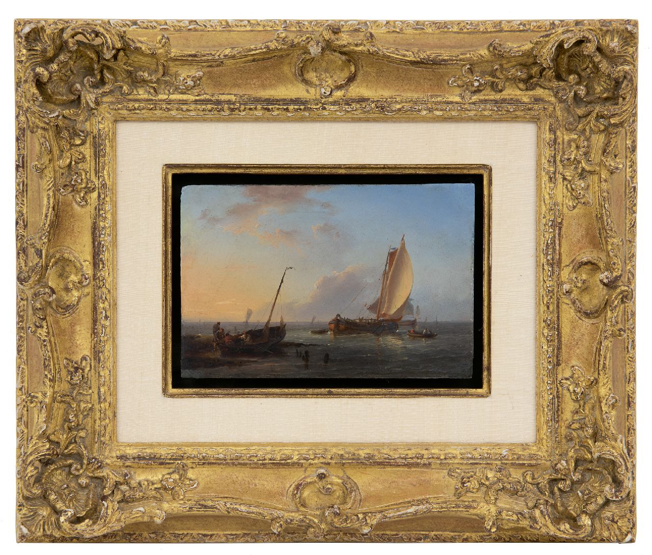 Koekkoek H.  | Hermanus Koekkoek | Schilderijen te koop aangeboden | Vissers en zeilschepen voor de kust, olieverf op blik op paneel 9,8 x 14,7 cm, gesigneerd linksonder met initialen