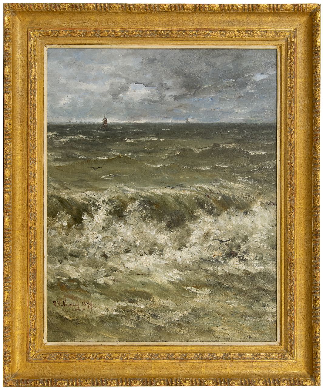 Mesdag H.W.  | Hendrik Willem Mesdag, Branding met schepen in de verte, olieverf op doek op paneel 88,6 x 69,5 cm, gesigneerd linksonder en gedateerd 1879