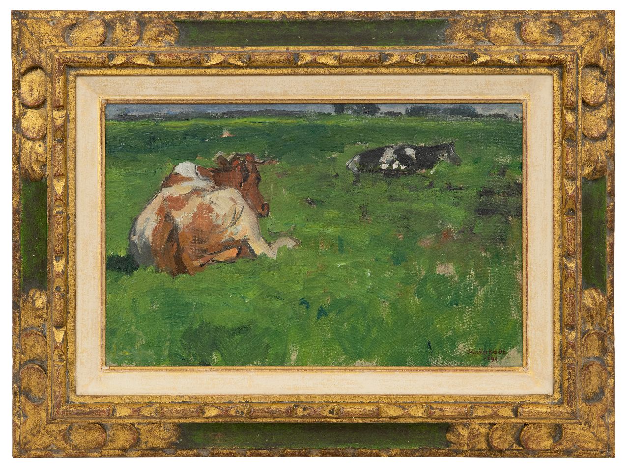 Verkade J.  | Jan Verkade | Schilderijen te koop aangeboden | Rustende koeien in een weiland, olieverf op doek 26,5 x 41,4 cm, gesigneerd rechtsonder en gedateerd 1891