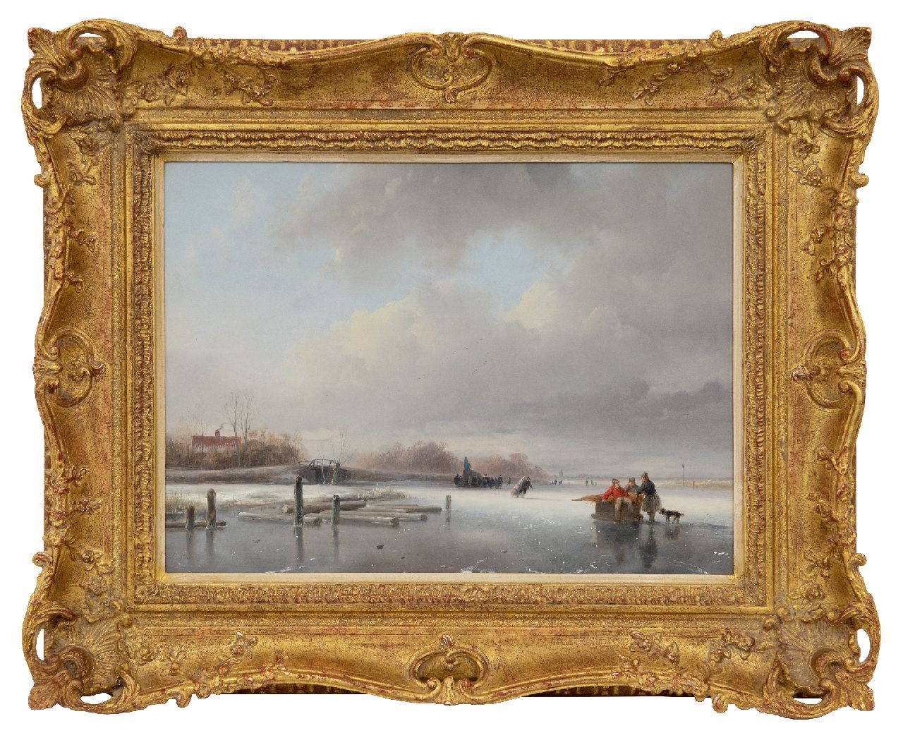 Schelfhout A.  | Andreas Schelfhout, Bevroren rivier met schaatsers en een koek-en-zopie, olieverf op paneel 29,5 x 39,7 cm, gesigneerd linksonder en te dateren ca. 1832-1834