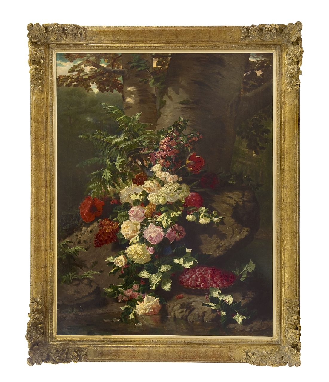 Robie J.B.  | Jean-Baptiste Robie | Schilderijen te koop aangeboden | Bloemstilleven met rozen, bloeiende takken en frambozen, olieverf op doek 137,7 x 106,0 cm, gesigneerd linksonder en gedateerd 'Bruxelles' 1864