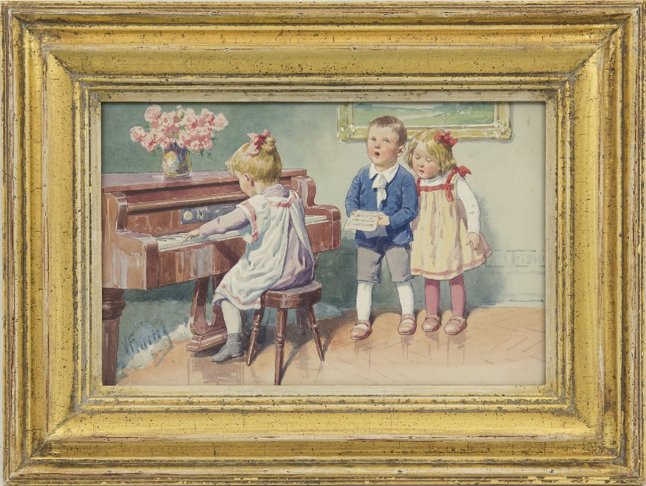 Feiertag K.  | Karl Feiertag | Aquarellen en tekeningen te koop aangeboden | Het huisconcert, aquarel op papier 17,9 x 27,9 cm, gesigneerd linksonder