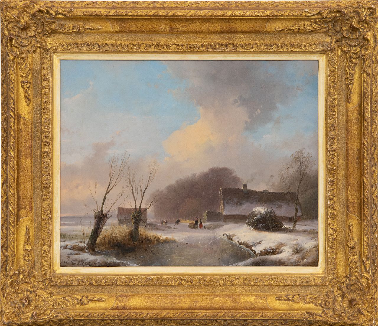 Schelfhout A.  | Andreas Schelfhout | Schilderijen te koop aangeboden | Zonnig wintergezicht met schaatsers en boerderij, olieverf op paneel 29,7 x 36,7 cm, gesigneerd linksonder en te dateren ca. 1833