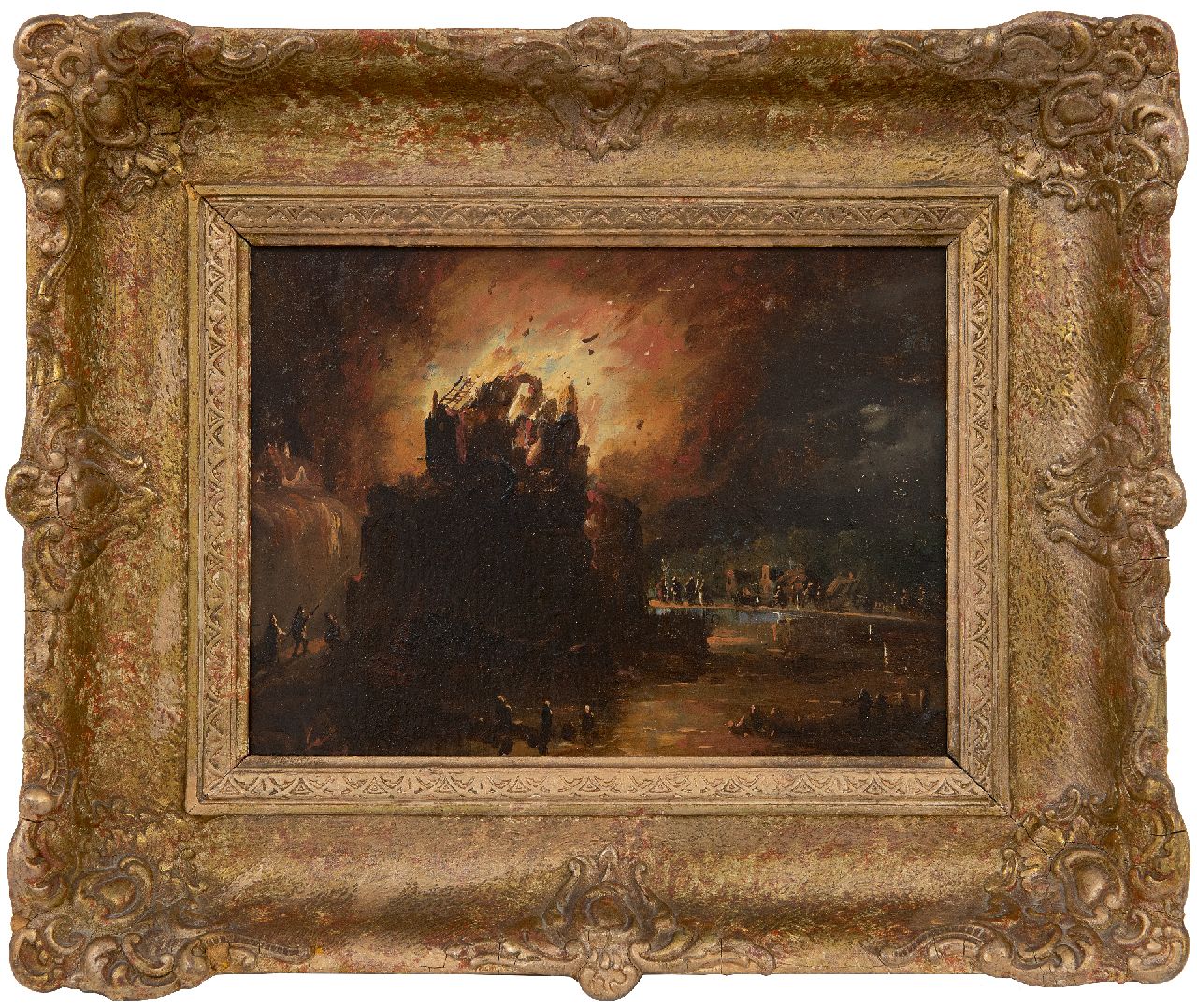 Cate H.G. ten | Hendrik Gerrit ten Cate | Schilderijen te koop aangeboden | De brand, olieverf op paneel 18,6 x 24,2 cm, gesigneerd rechtsonder