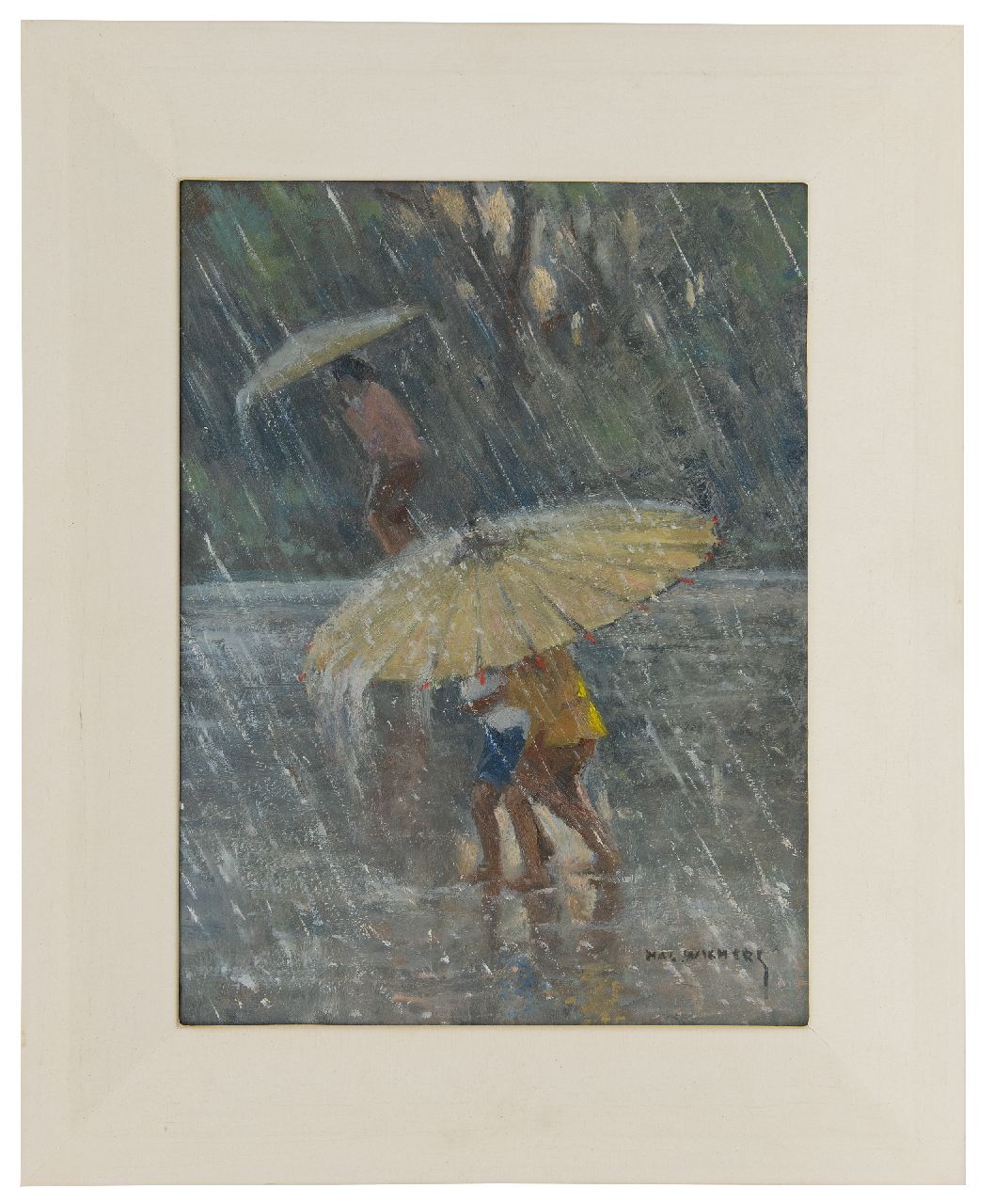 Wichers H.A.L.  | Hendrik Arend Ludolf 'Hal' Wichers | Schilderijen te koop aangeboden | De tropische regenbui, olieverf op board 40,0 x 30,1 cm, gesigneerd rechtsonder