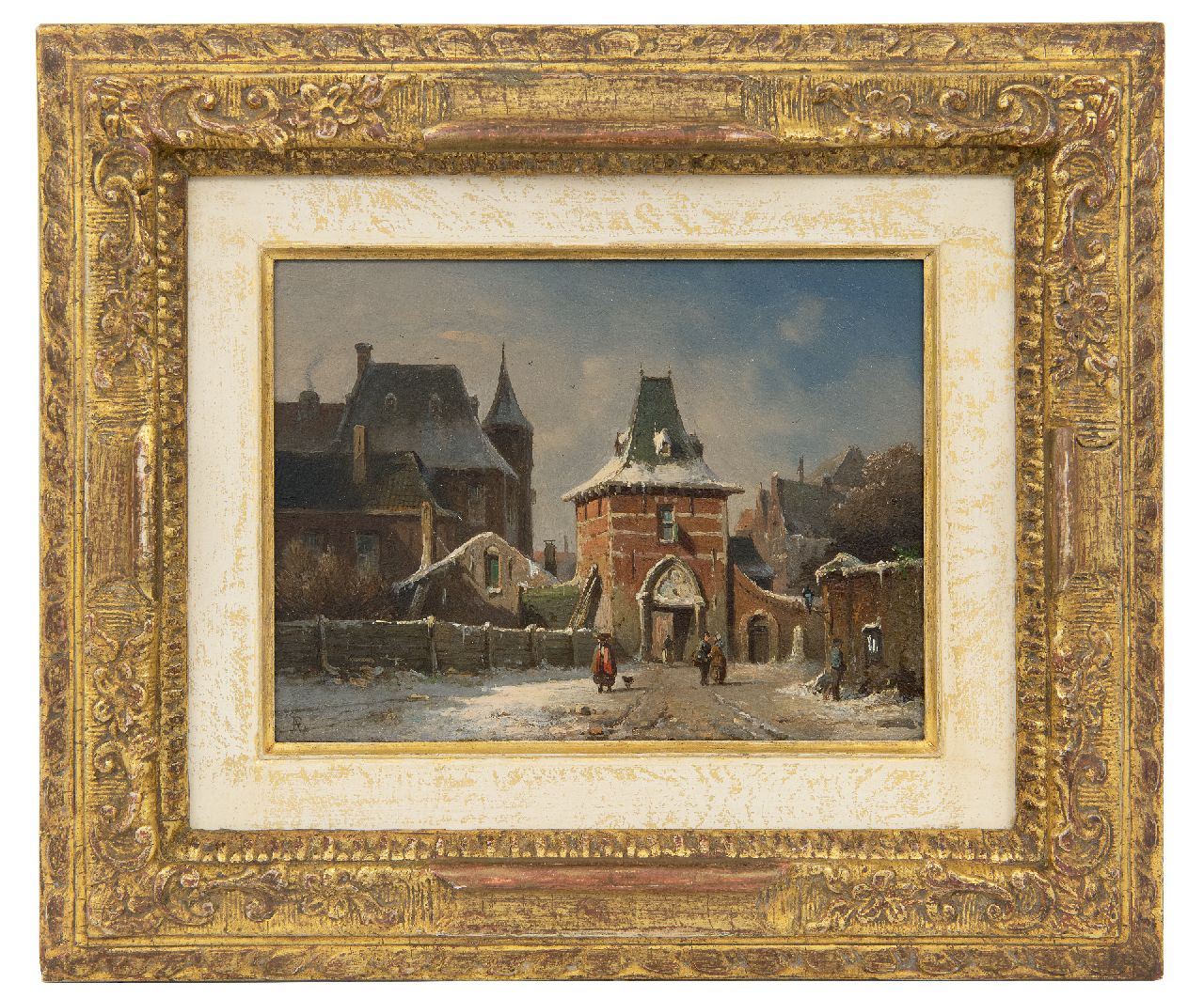 Eversen A.  | Adrianus Eversen, Winters stadsgezicht met stadspoort, olieverf op paneel 14,8 x 20,5 cm, gesigneerd linksonder met monogram