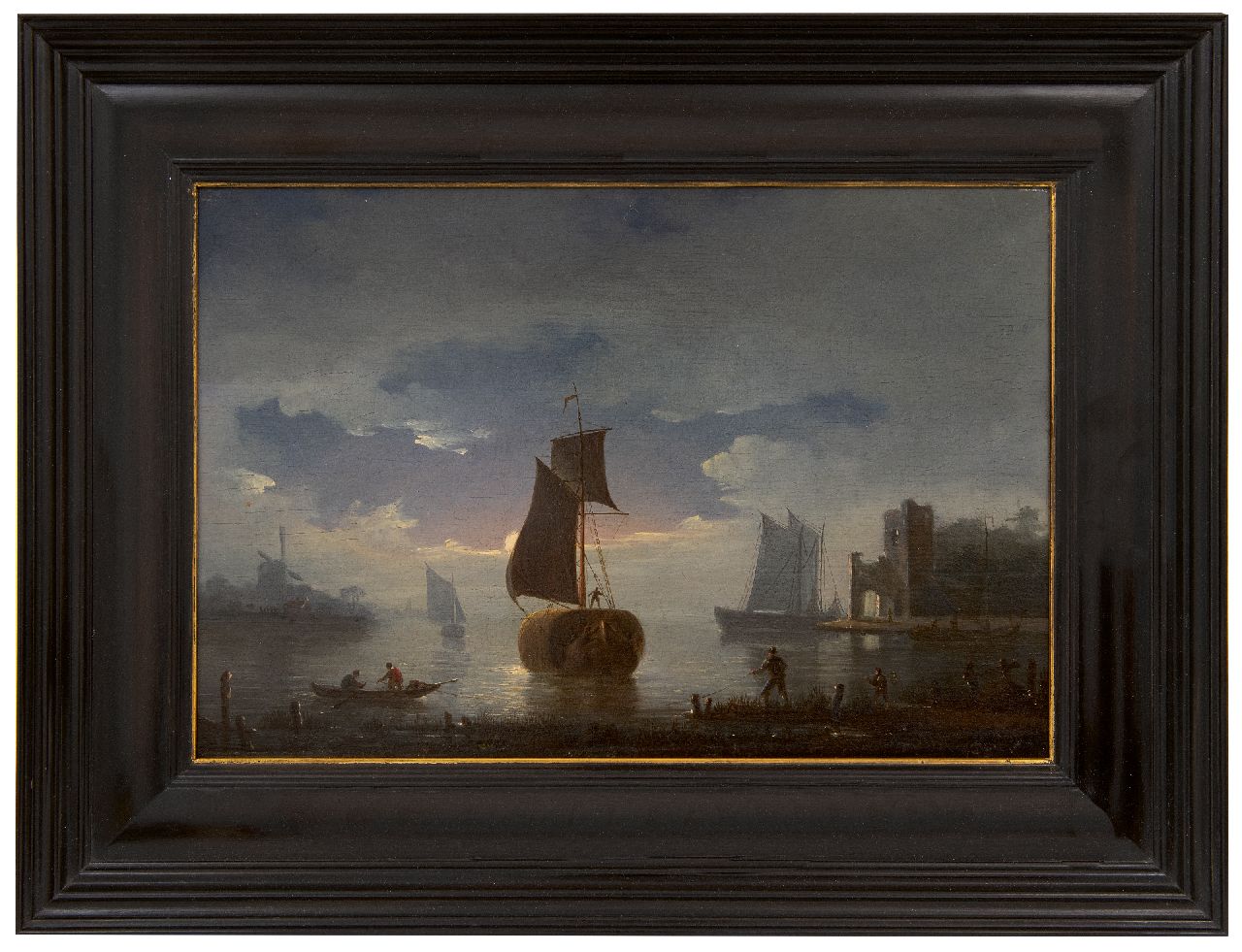 Gruijter G.  | Gerrit Gruijter | Schilderijen te koop aangeboden | Afmerend hooischip bij maanlicht, olieverf op paneel 22,4 x 33,0 cm