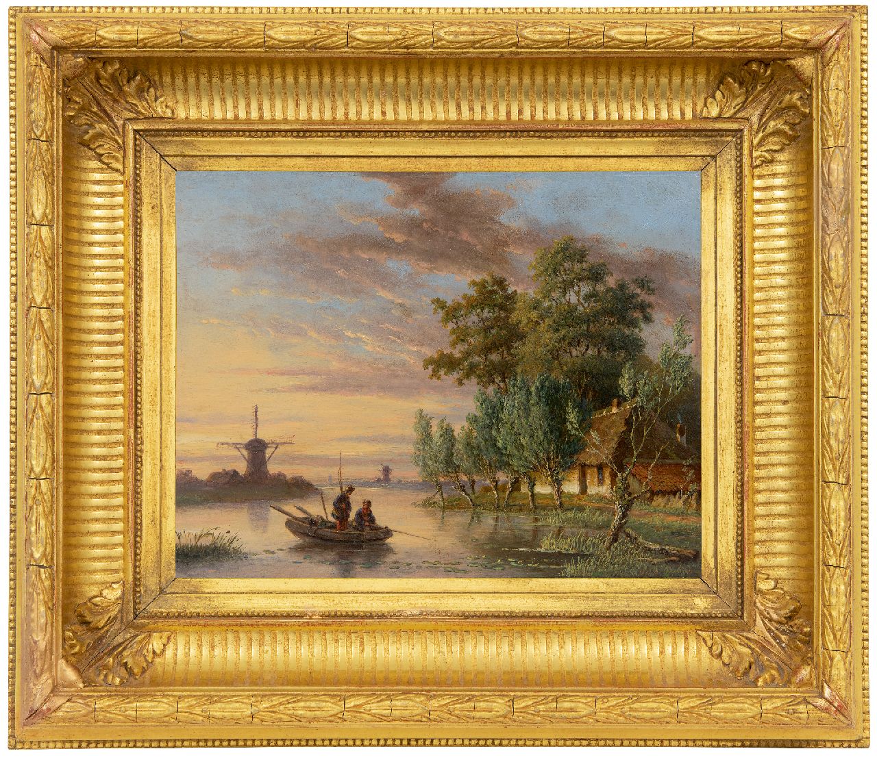 Meijier A.A. de | Anthony Andreas de Meijier | Schilderijen te koop aangeboden | Rivierlandschap met vissers, bij zonsondergang, olieverf op paneel 22,6 x 30,0 cm, gesigneerd rechtsonder