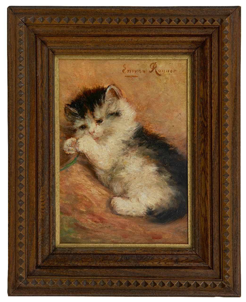 Ronner S.E.C.  | Stephanie 'Emma' Clotilde Ronner | Schilderijen te koop aangeboden | Speels jong katje, olieverf op paneel 23,4 x 16,5 cm, gesigneerd rechtsboven