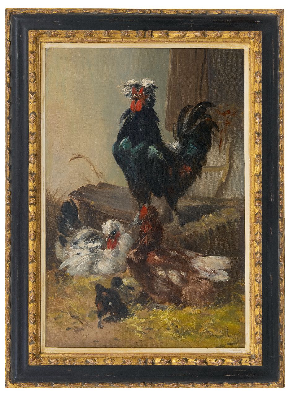 Schouten H.  | Henry Schouten | Schilderijen te koop aangeboden | Zwarte haan met kippen, olieverf op doek 60,2 x 40,3 cm, gesigneerd rechtsonder