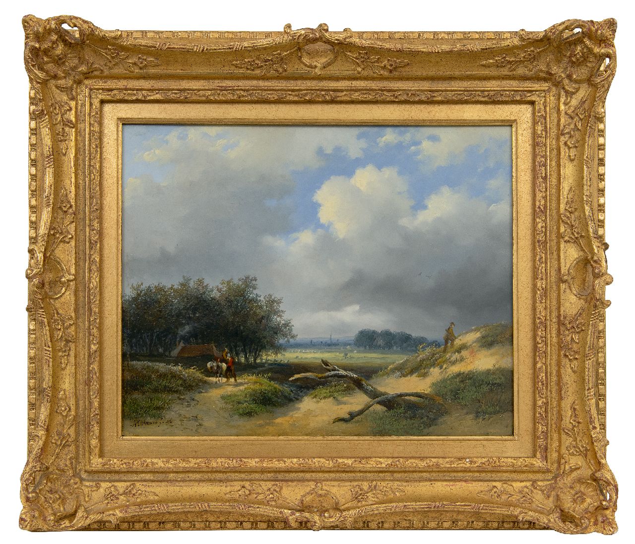 Ortmans F.A.  | François Auguste Ortmans | Schilderijen te koop aangeboden | Valleilandschap met jager en boer, olieverf op paneel 23,4 x 29,4 cm, gesigneerd linksonder en gedateerd '46