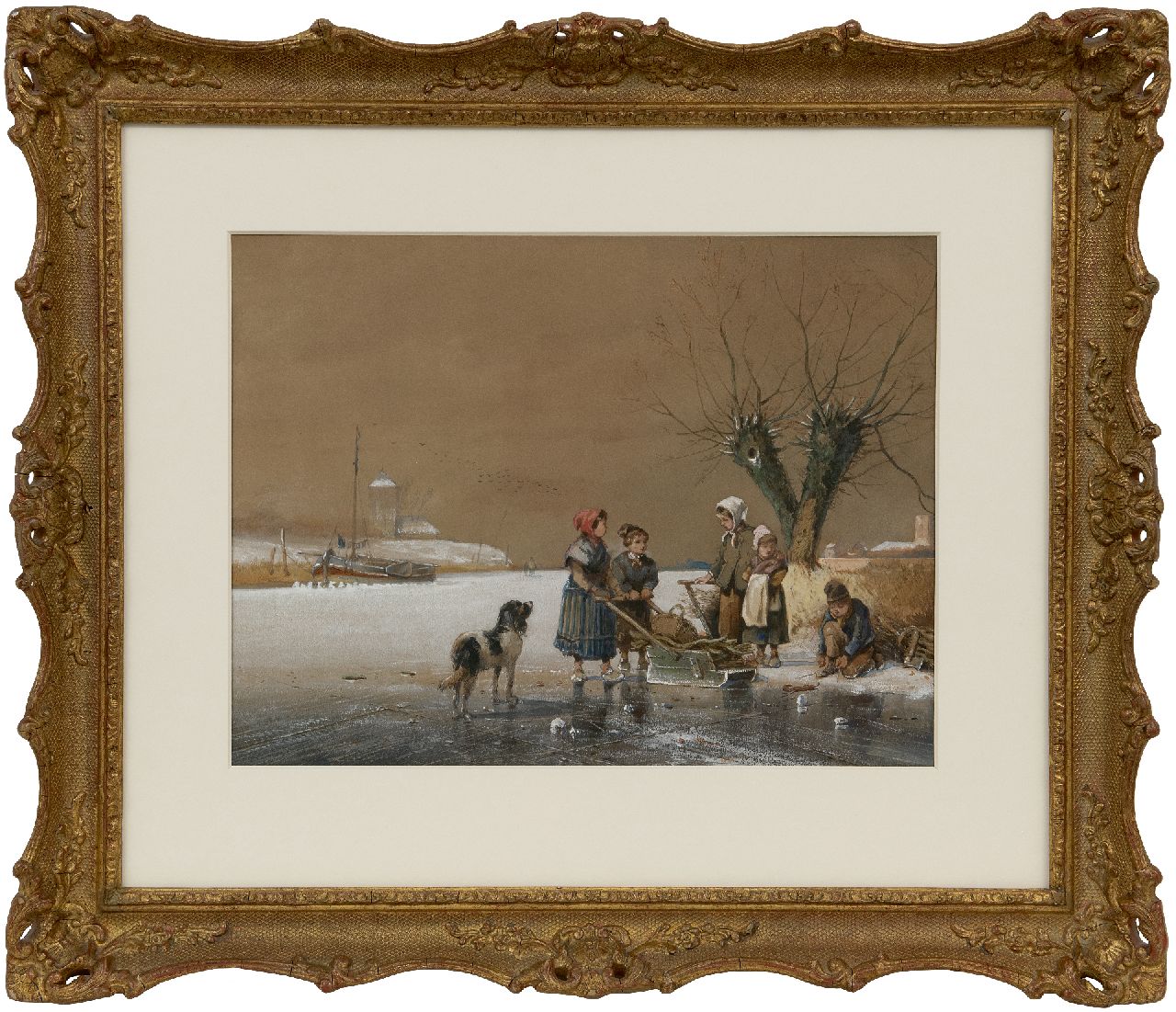 Smits J.G.  | Jan Gerard Smits | Aquarellen en tekeningen te koop aangeboden | Kinderen op het ijs, aquarel en gouache op papier 26,5 x 35,5 cm