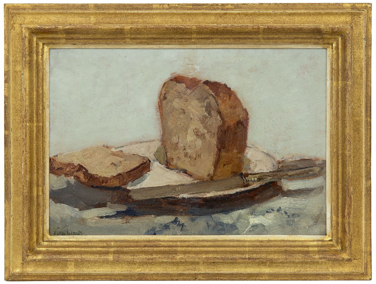 Windt Ch. van der | Christophe 'Chris' van der Windt | Schilderijen te koop aangeboden | Stilleven met aangesneden brood, olieverf op schildersboard 21,4 x 31,6 cm, gesigneerd linksonder