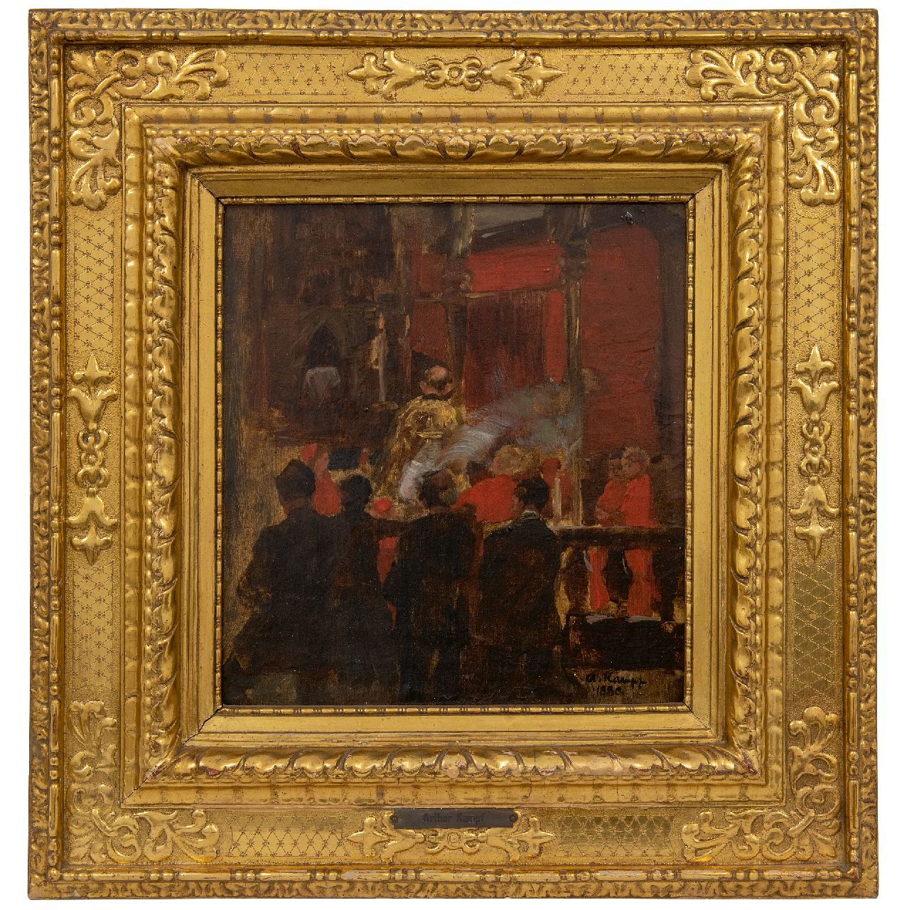 Kampf E.P.A.  | Egbert Paul 'Arthur' Kampf | Schilderijen te koop aangeboden | Bij het koor, olieverf op doek 31,9 x 30,2 cm, gesigneerd rechtsonder en gedateerd 1880