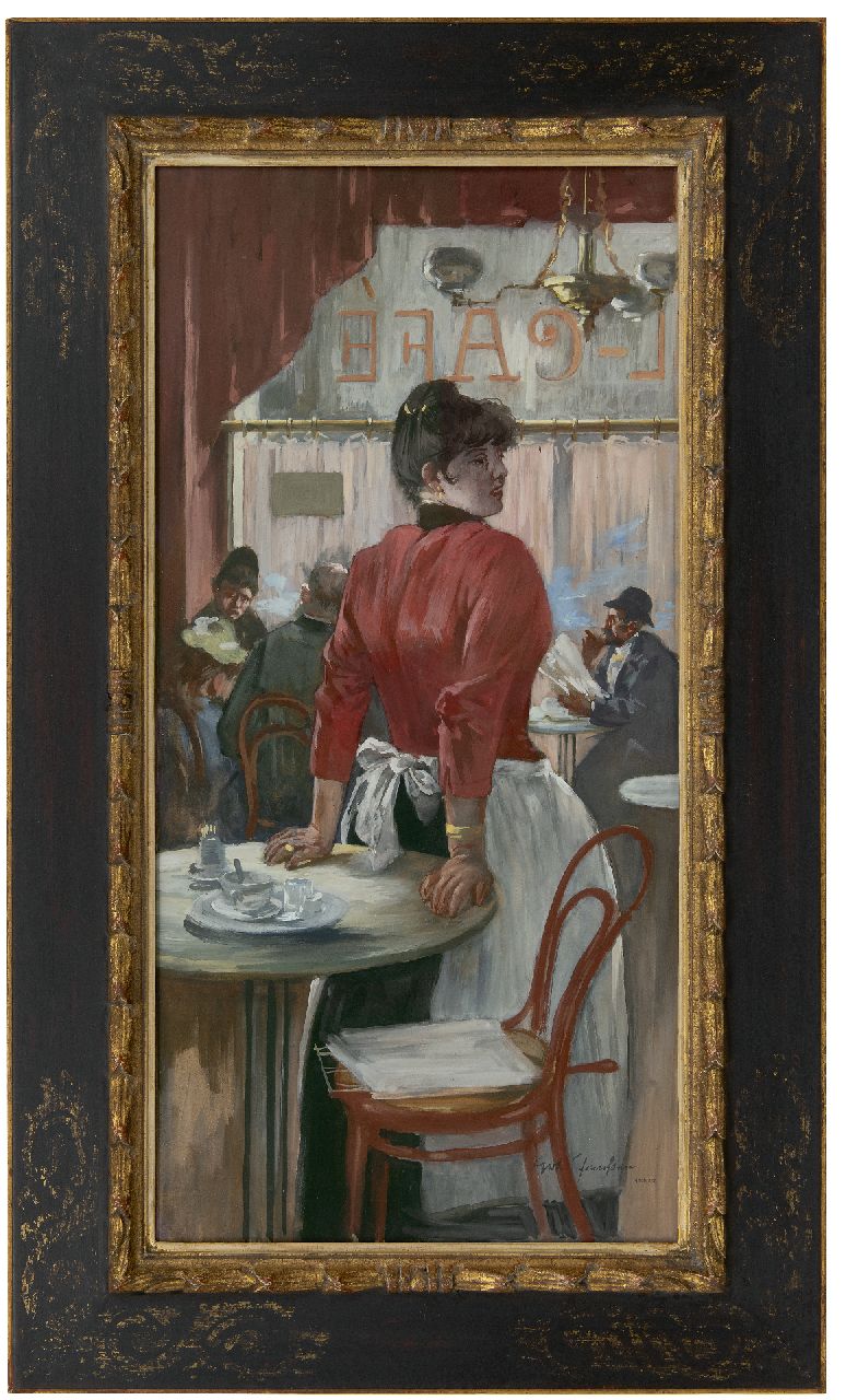 Janssen G.  | Gerhard Janssen | Aquarellen en tekeningen te koop aangeboden | In het café, gouache op board 74,4 x 36,5 cm, te dateren ca. 1887-1888