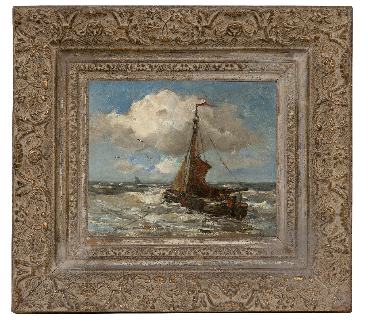 Waning C.A. van | Cornelis Anthonij 'Kees' van Waning | Schilderijen te koop aangeboden | Bomschuit voor anker in de branding, olieverf op doek 25,2 x 31,0 cm, gesigneerd rechtsonder