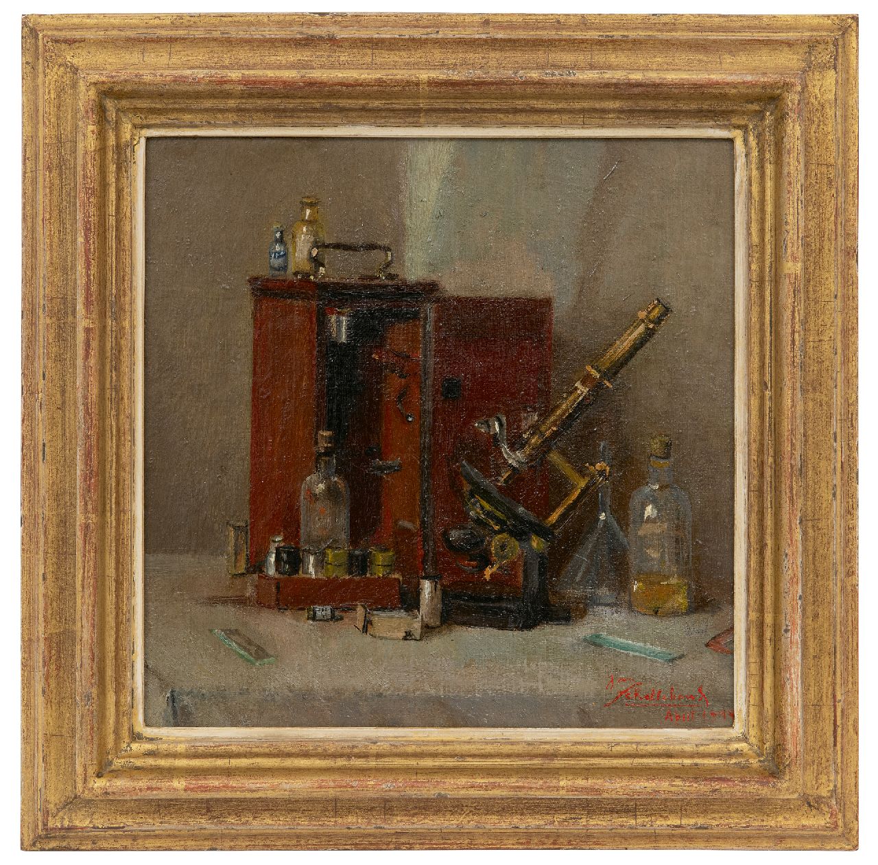 Schellekens J.  | Jan Schellekens | Schilderijen te koop aangeboden | Stilleven van apothekersinstrumenten, olieverf op doek 25,0 x 25,0 cm, gesigneerd rechtsonder en gedateerd April 1944