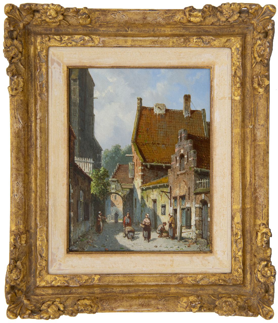 Eversen A.  | Adrianus Eversen, Zonnig straatje achter de kerk, olieverf op paneel 19,1 x 14,9 cm, gesigneerd rechtsonder met monogram en verso op etiket voluit