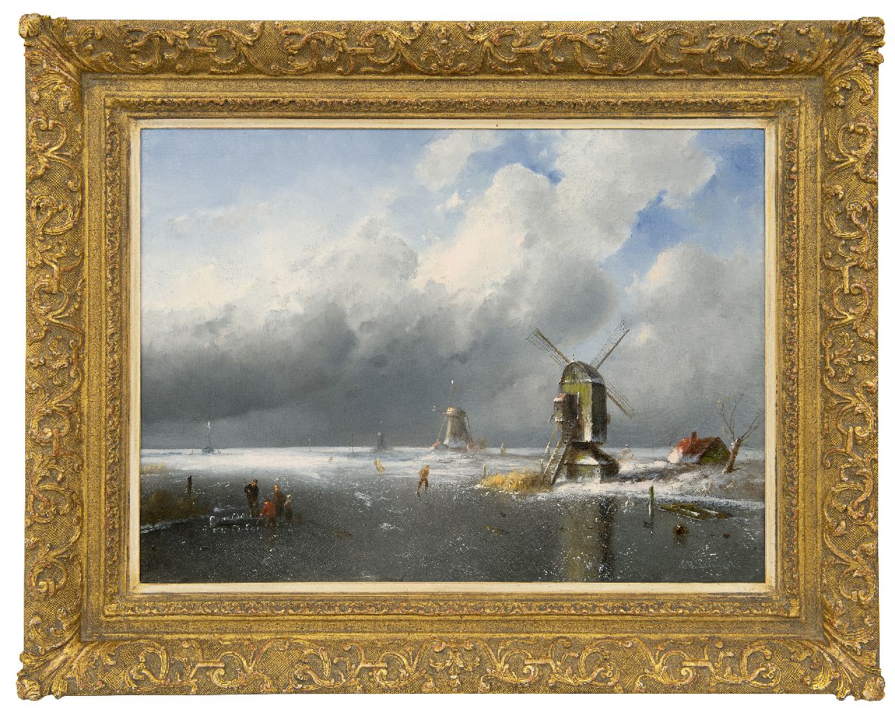 Leickert C.H.J.  | 'Charles' Henri Joseph Leickert, Figuren op het ijs bij naderende sneeuwstorm, olieverf op doek 42,2 x 58,2 cm, gesigneerd rechtsonder